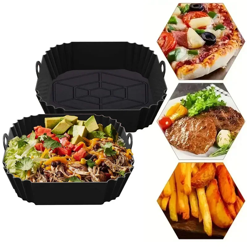 1pc Silicone Air Fryer Pot Tray with Handle Square Air Fryer Baking Pan Reusable Air Fryer Liner Accessories for Kitchen Baking