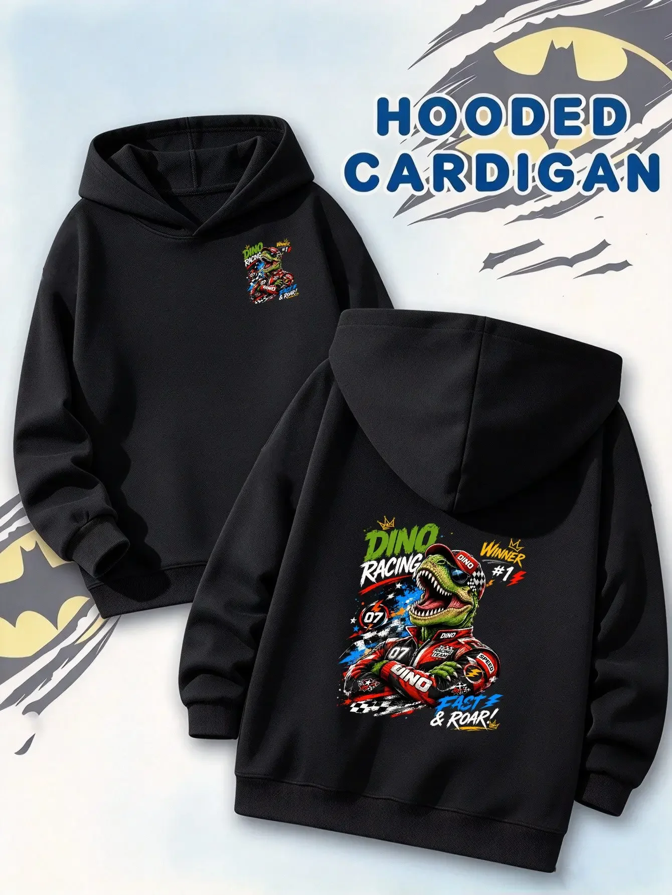 Korea Hot Dino Racing Racer T-Rex Graphic Hoodie Unisex Kids Casual Pullover Hooded Sweatshirt Loose Fit Autumn