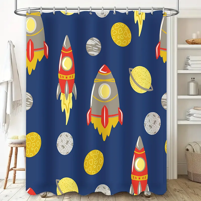 Space-themed Shower Curtain Blue with Red Rockets and Planets Waterproof Fabric Perfect for Kids' Bathrooms!