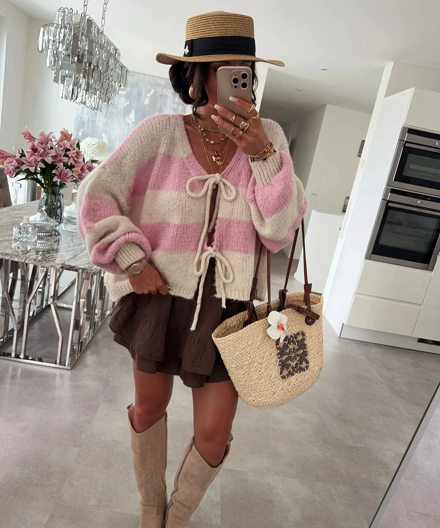 New autumn and winter striped contrasting bow tie knit cardigan elegant, fashionable, loose casual sweater jacket
