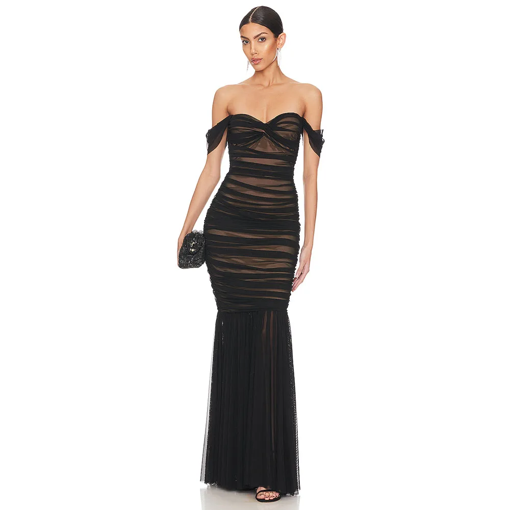 

Mermaid Black Evening Dress Off The Shouler Sleeveless Formal Floor Length Party Dress Trumpet Pleat Women's Evening Gown
