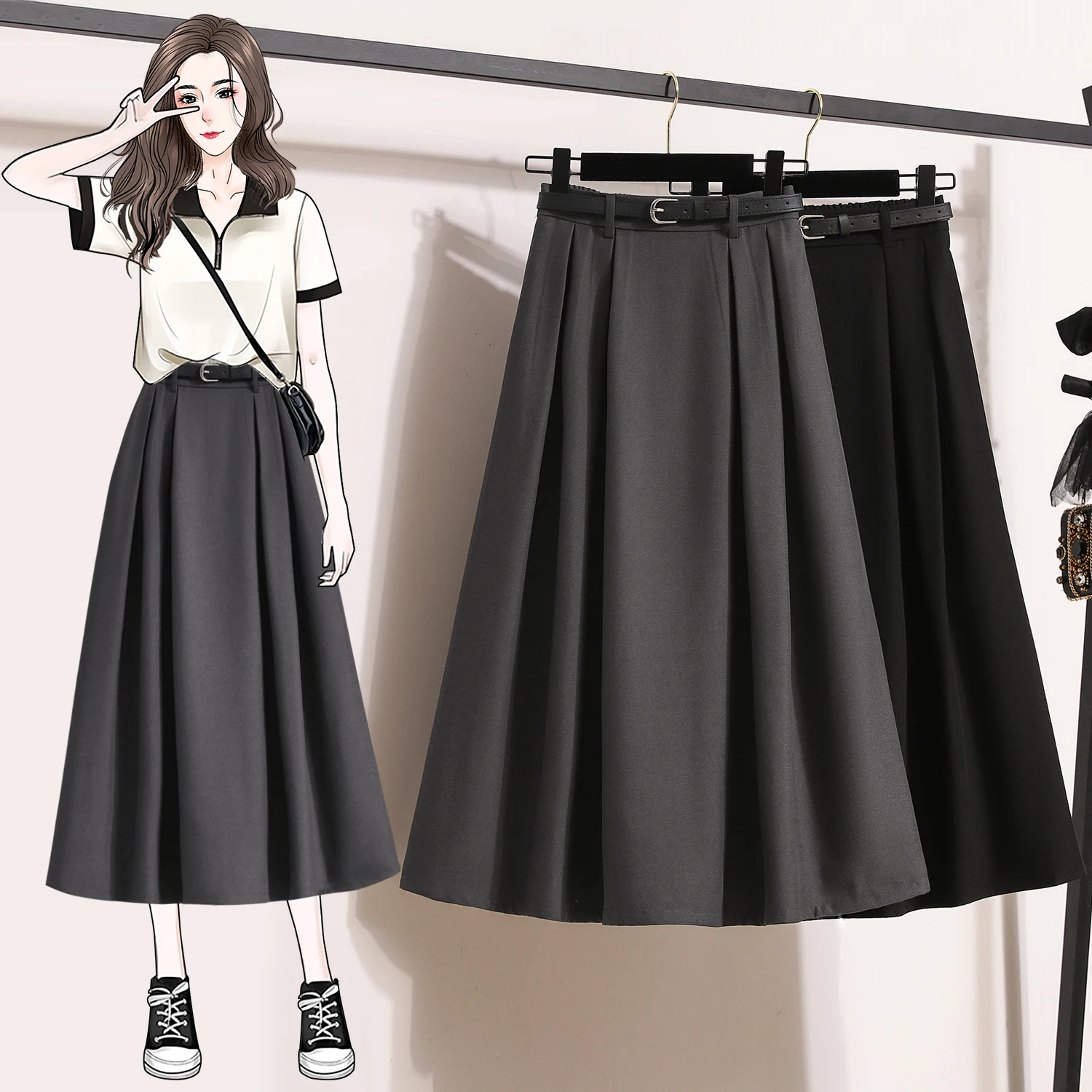 

High Waist A-Line Midi Skirt Women's Versatile Slimming Pleated Long Skirt Korean Sle Commute High Waist Polyester Fiber