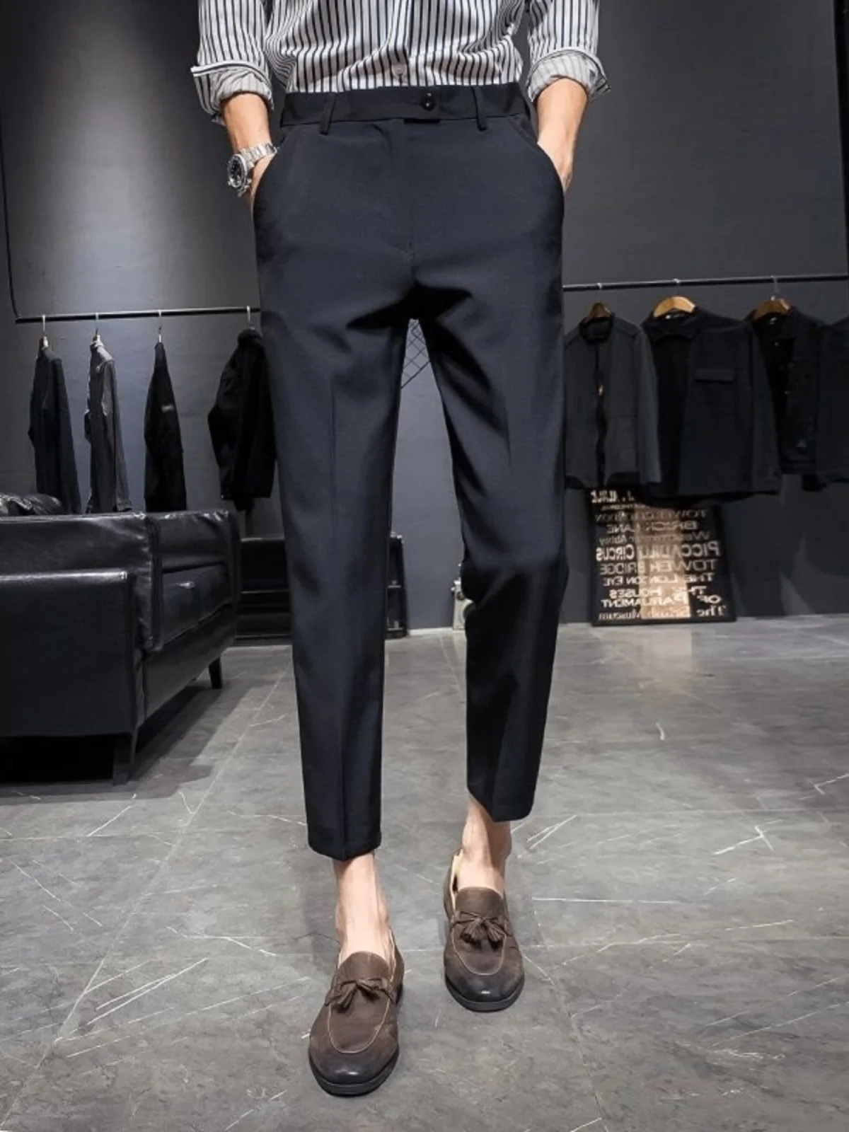 

Модные мужские брюки Nine-Foot West Slim Fit, свободные повседневные прямые брюки в корейском стиле, весенняя молодежная мода, не требует глажки