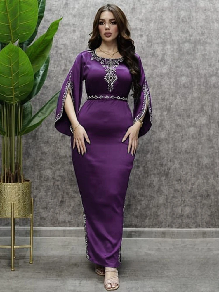 Evening Party Dress Diamonds Muslim Women Abaya Split Slim Vestidos Dubai Arab Turkey Ramadan Abayas Caftan Kaftan Eid Elegant