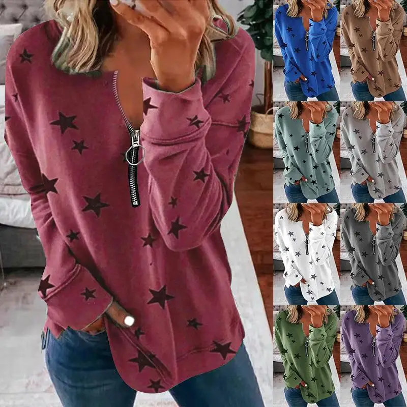 

Women's Long Sve T-irt Zipper Collar Printed Pattern Loose Fit Cotton Polyester Blend Winter Season Ladieswear