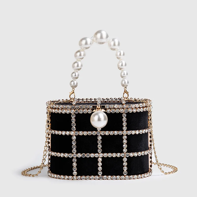 Luxury Diamond Metal Bucket Pearl Handle Women Party Clutch Purses and Handbags French design Ming Ai Wedding Chain Shoulder Bag