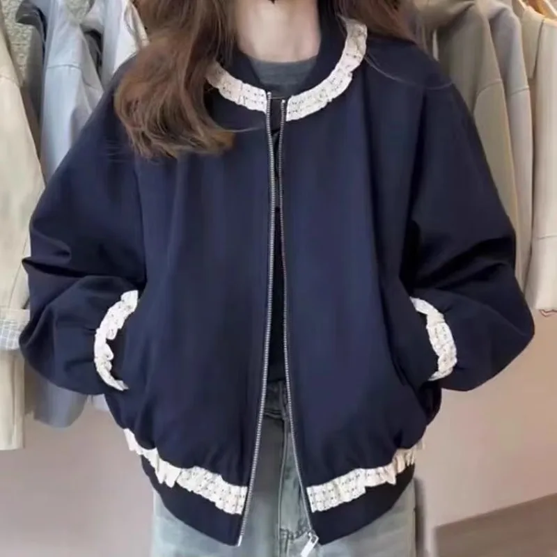 Korean Stand-up Collar Lace Splicing Short Baseball Women's 2026 Spring New Niche Thin Top