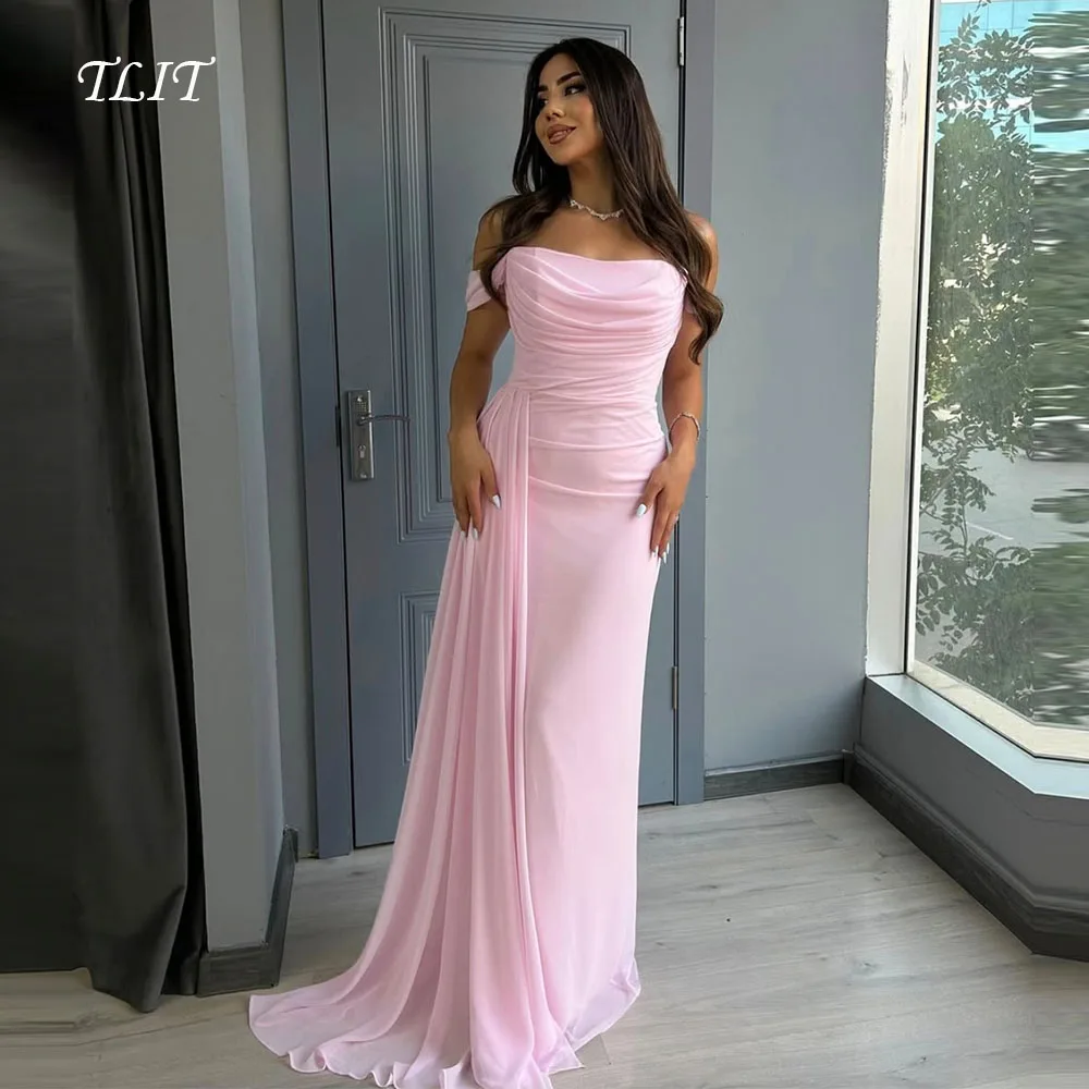 

TLIT Elegant Baby Pink Mermaid Chiffon Evening Dresses Strapless vestido de noite customized Draped Off Shoulder Party Dresses