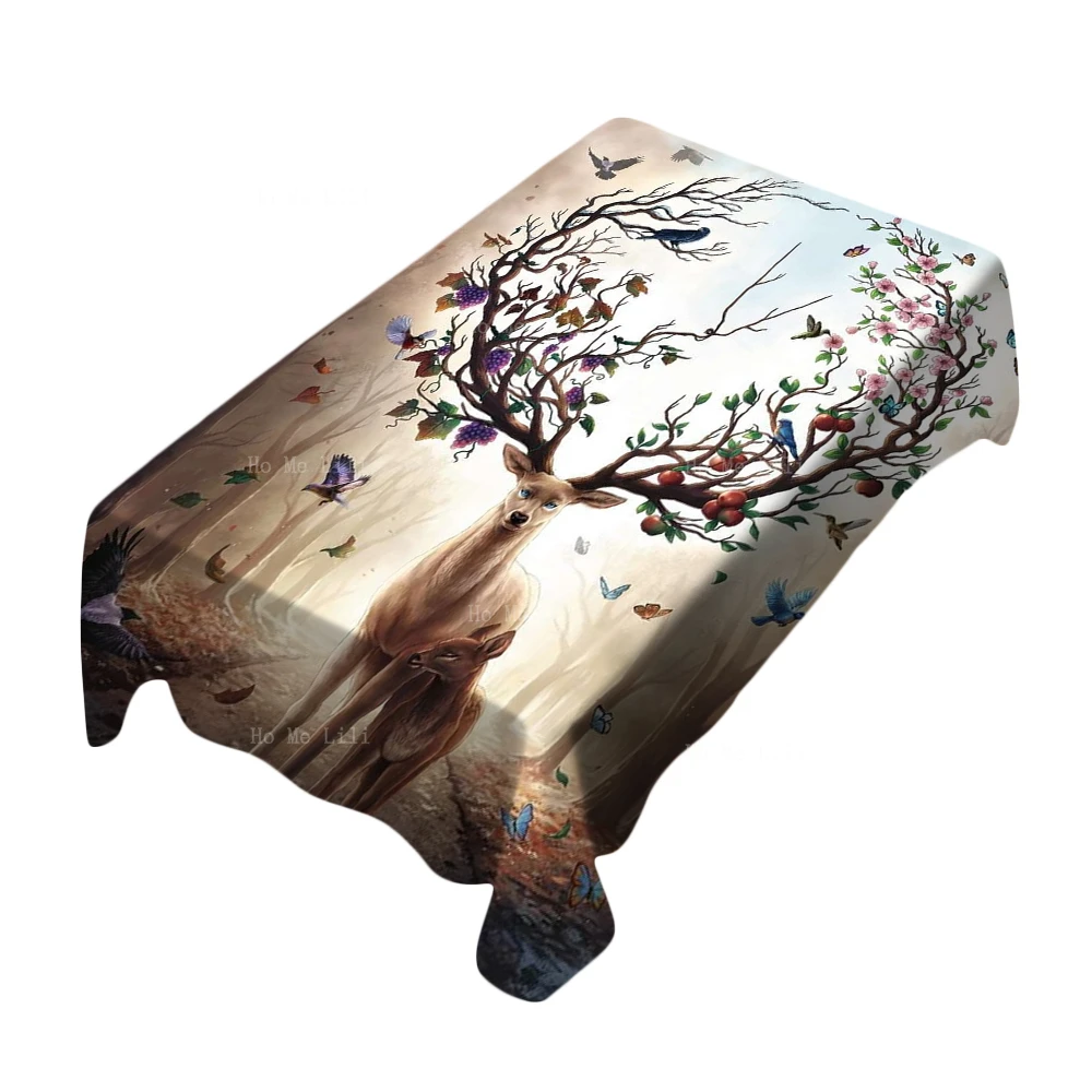 Forest Animal Seasons Art Deer With Blossoming Antlers Tree Dream Fantasy Magic Elk Abstract Rectangular Tablecloth