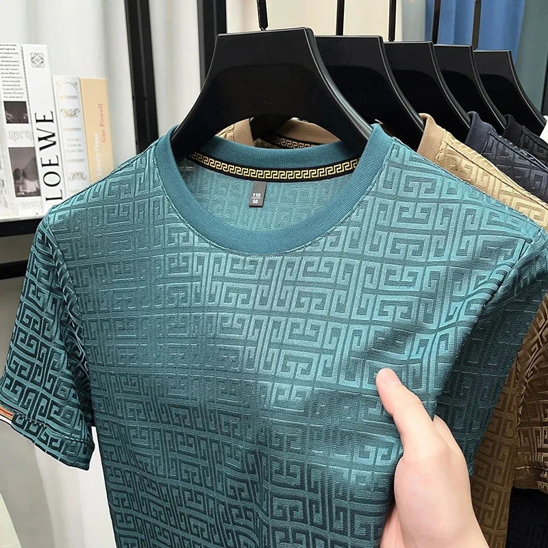 T-shirt Jacquard à manches courtes et col rond pour hommes, à la mode, décontracté et confortable, polyvalent, toutes saisons, nouvelle collection 2025