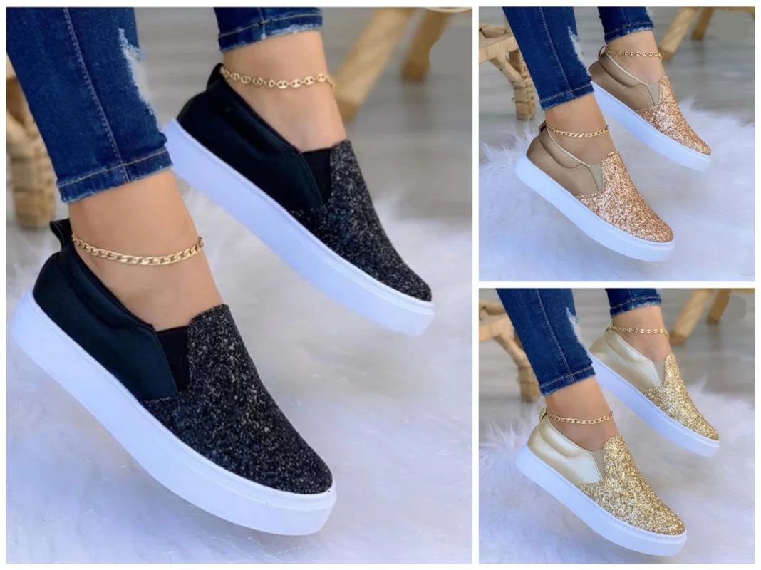 Women Shoes Crystal Slip on Flat Spring Loafers Ladies Autumn Glitter Platform Fashion Moccasins Sneakers Tennis Female Slip-On