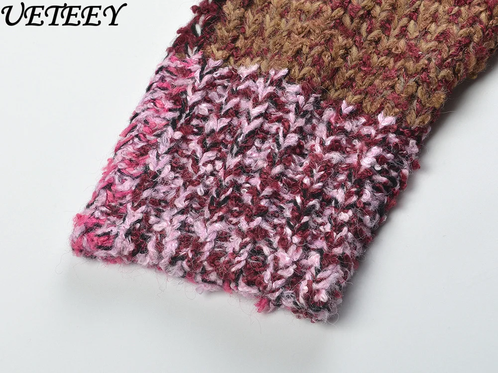 2025 Herfst Winter Nieuwe Kleurblok Losse V-hals Gebreid Vest Niche Mode Veelzijdige Single-Breasted Trui Jas