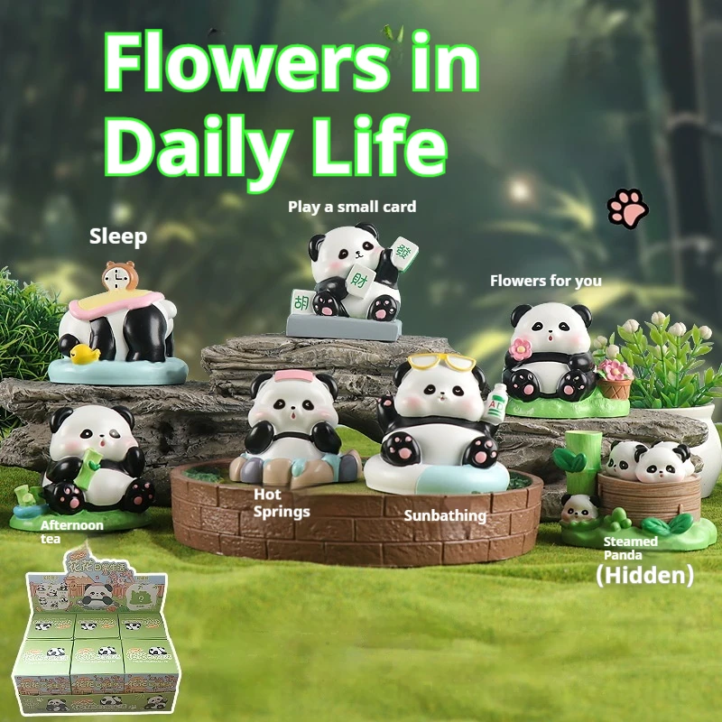 MINISO Creative Trendy Play Flowers Daily Blind Box Handmade Cartoon Cute Panda Ornament Resin Crafts