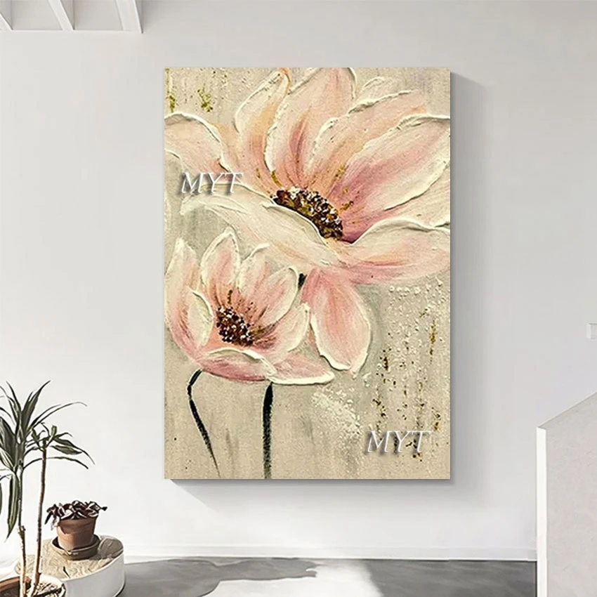 

3d Beautiful Picture Scenery Abstract Canvas Painting Frameless Thick Acrylic Pink Flower Wall Art Custom Designed Paintings