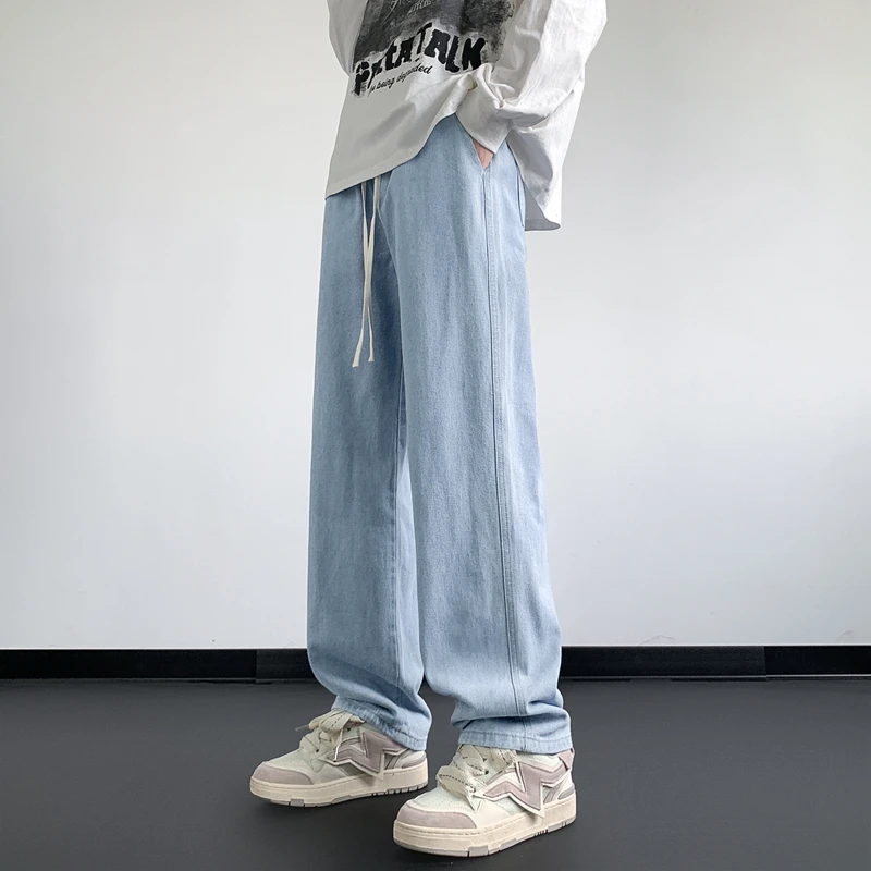 

Мужские повседневные джинсы прямого кроя, весенне-осенние, не требующие глажки, с высокой талией, синие, винтажные, из денима, свободного кроя, удобные для повседневной носки