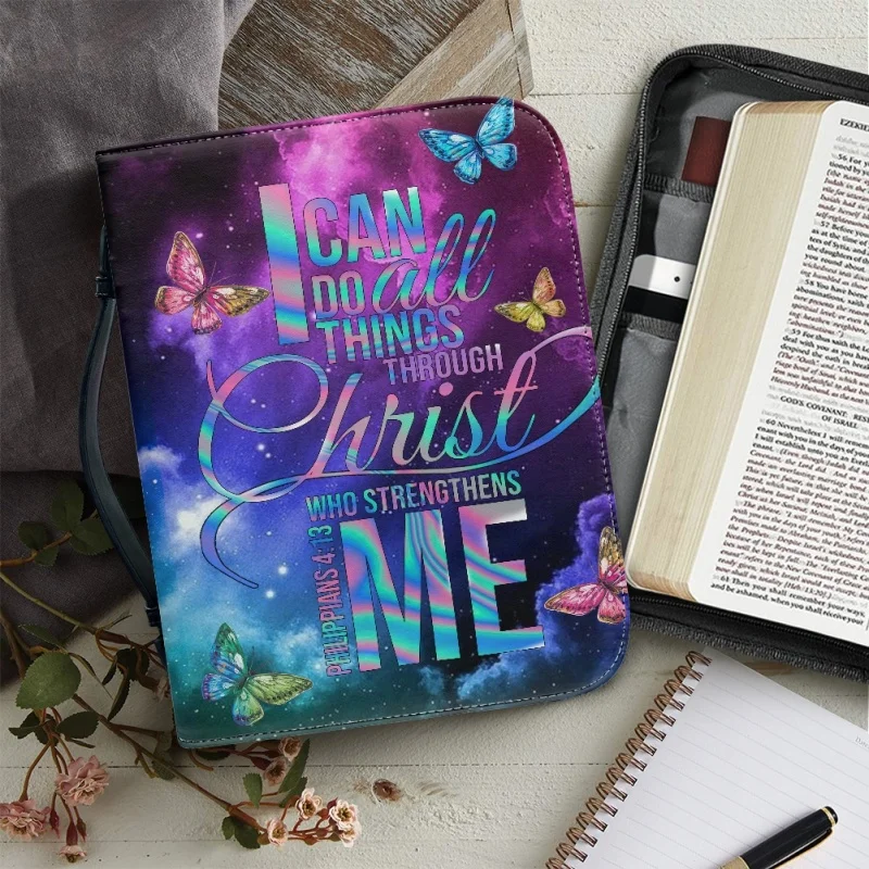 Faith I Can Do All Things a través de Cristo Philippians mariposa Galaxy bolsas de cuero personalizadas de la Biblia, caja de libros de almacenamiento Santa