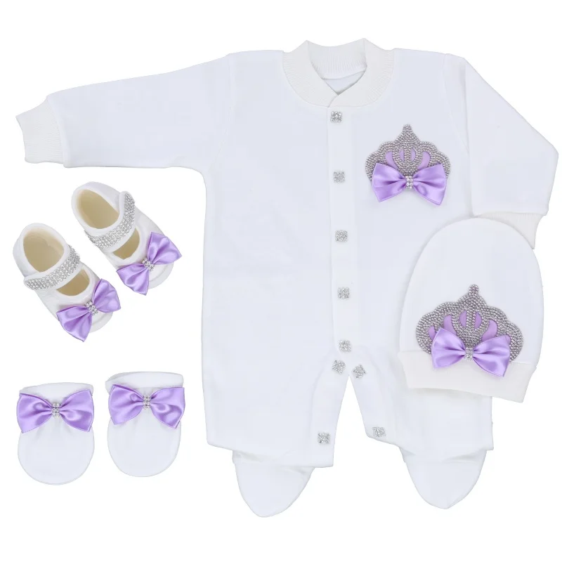 

Мягкий хлопковый комбинезон для новорожденных 0-9 месяцев, 4 шт., белый, сиреневый, серебристый, с короной из страз и бантом, на ножках, подарок на выписку/на рождение ребенка