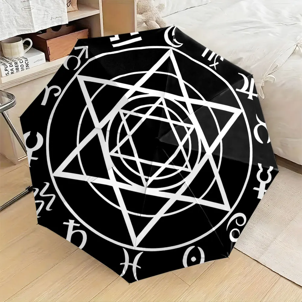 Mystic Star Symbol with Zodiac Signs Black and White Design Compact Fashion Folding Umbrella for Daily Use, Christmas Gift