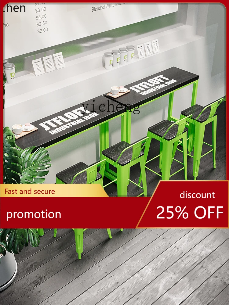 

YFY Solid Wood Bar Table and Chair Combination Coffee Shop Wall Long Table High Leg Table and Chair
