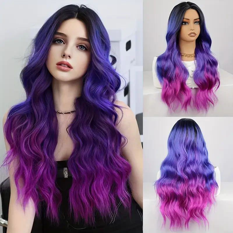 باروكة صناعية متوسطة الحجم متدرجة باللون الأزرق والأرجواني بدون غرة، باروكة عالية الجودة مقاس 24 بوصة للنساء يوميًا، والحفلات التنكرية، وما إلى ذلك