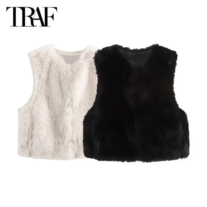 TRAF Autumn Winter Women's Cropped Faux Fur Vests 2024 Elegant Sleeveless Waistcoat Outerwears Fashion Casual Beige Black Vests