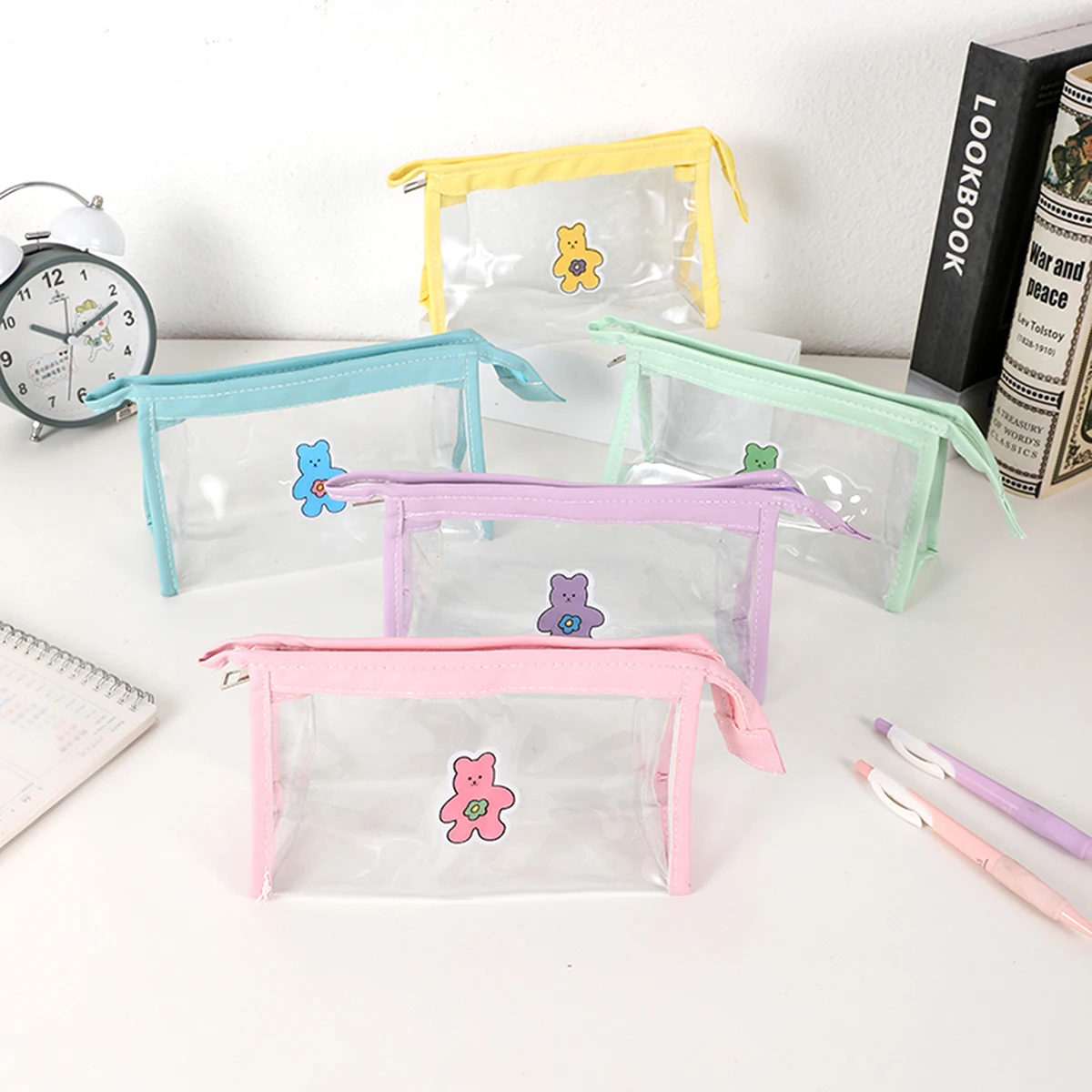 

1 simple waterproof transparent pencil case, macaron color bear pattern stationery storage pencil case, a gift for friends