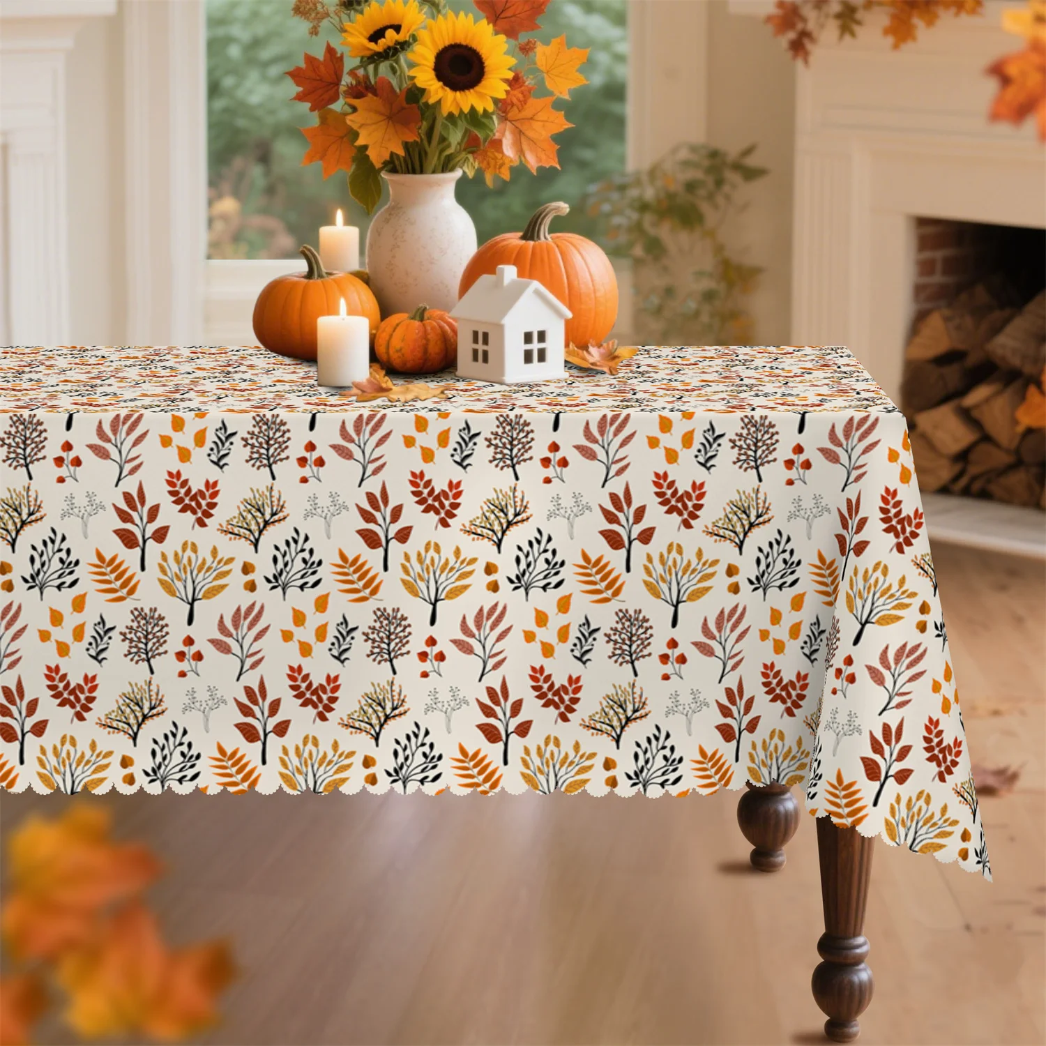 1 piece of autumn tablecloth with autumn trees, maple leaves and branches pattern, and harvest wind decorationzyc