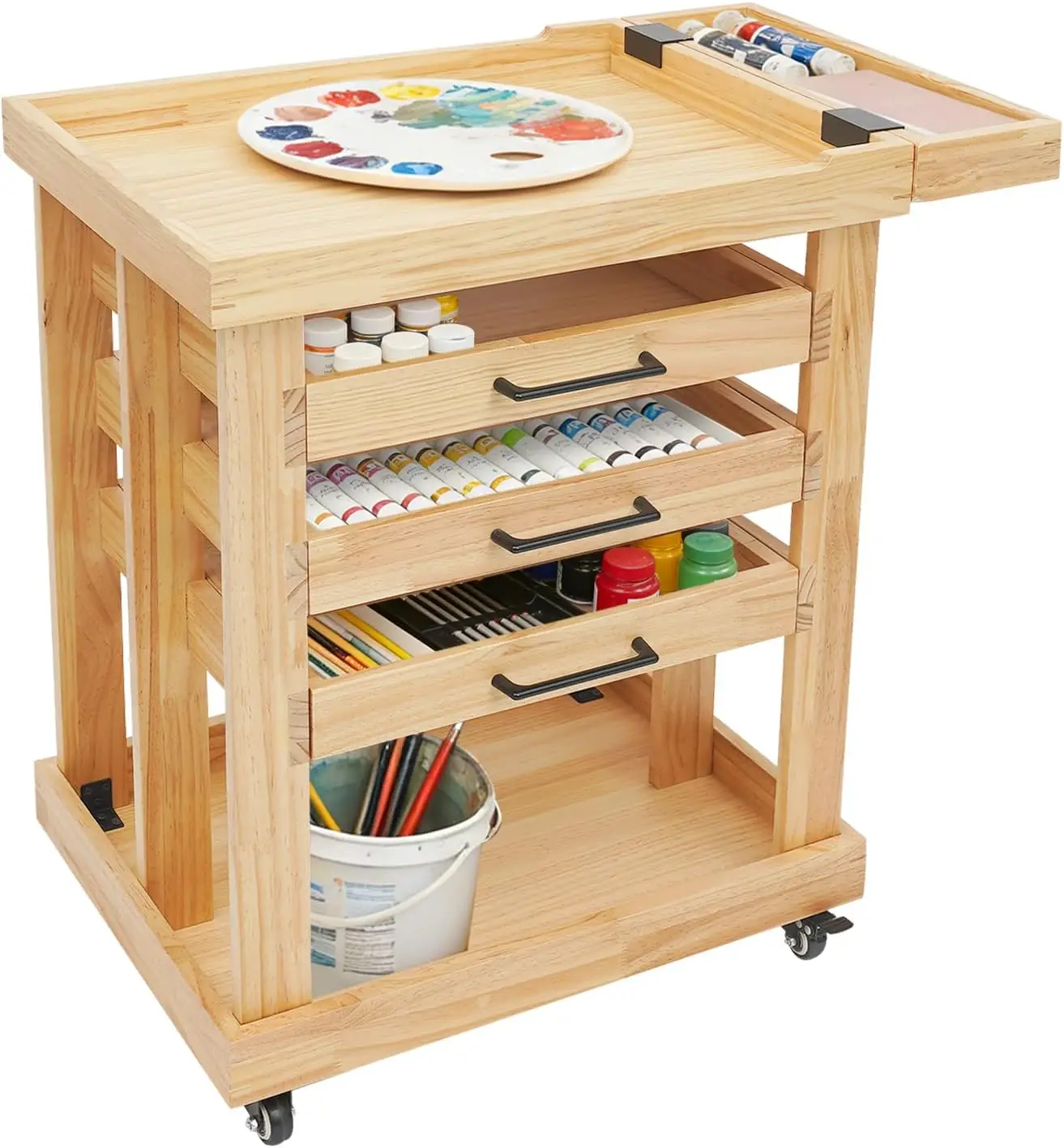 Art Supplies Storage Cart, 5-Tier Pine Wood Utility Rolling Cart with 3 Drawers, Craft Organizer Arts Activity Carts with Wheels for Artist (Log Color)