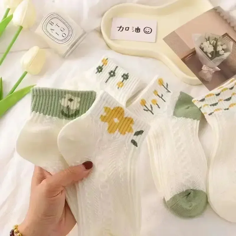 5 Paris Women's Floral Cotton Socks Set Breathable Japanese Style Spring Summer Cute Student Short Socks for Girls Female