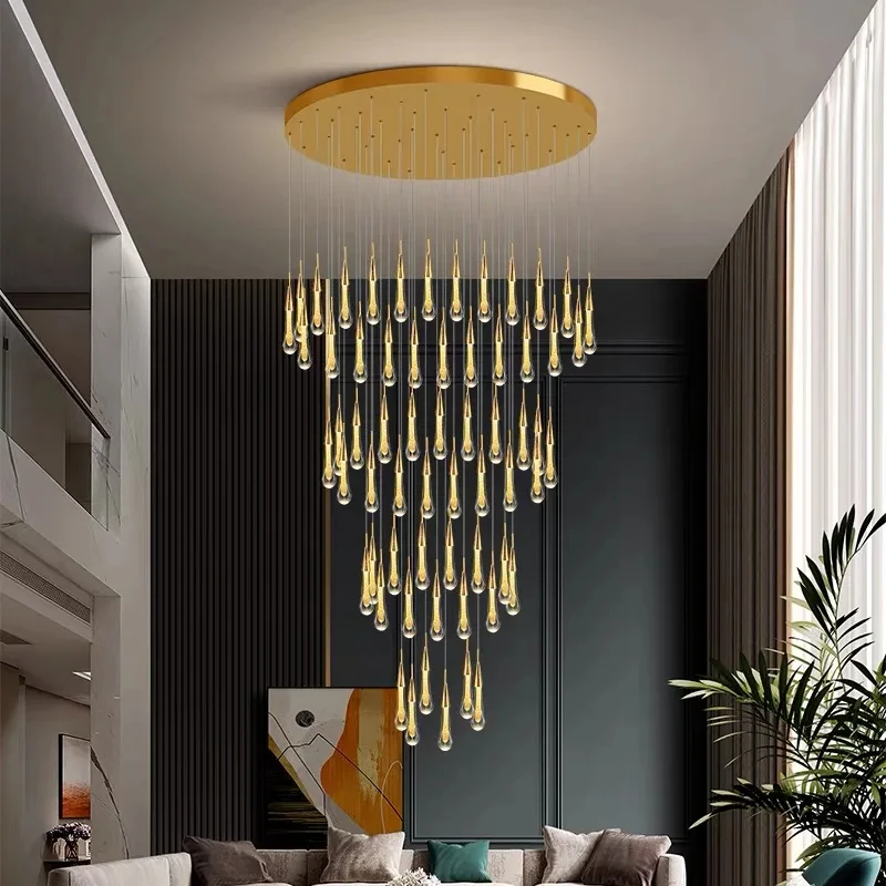 Modern Crystal Chandelier For Staircase Living Room Golden Droplet LED Light Gloss Decorative Light Restaurant Lighting Fixture