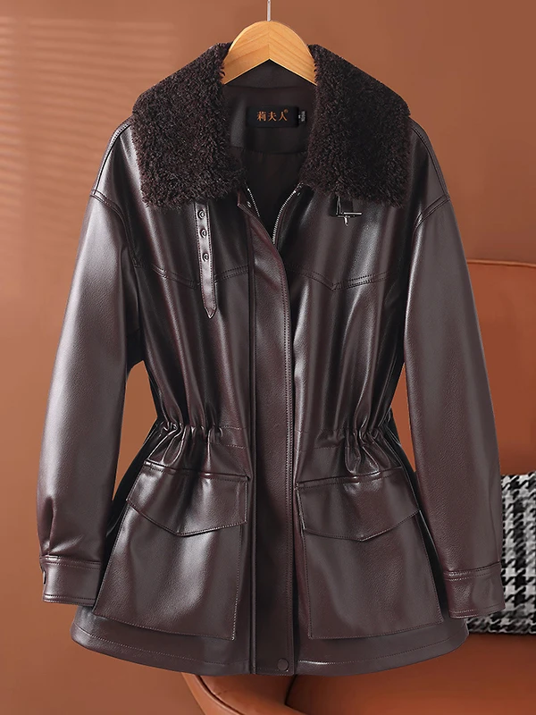 Echte Daunen-Lederjacke für Damen, mittellanger Mantel mit Kordelzug an der Taille, lässiger, langärmliger Schaffellmantel