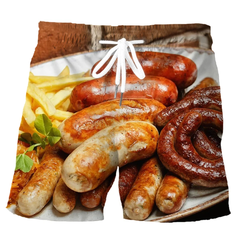 

HX Delicious Food Sport Shorts 3D Graphic Sizzling Octopus Sausages Hot Dog Polyester Board Pants Harajuku Men Clothing