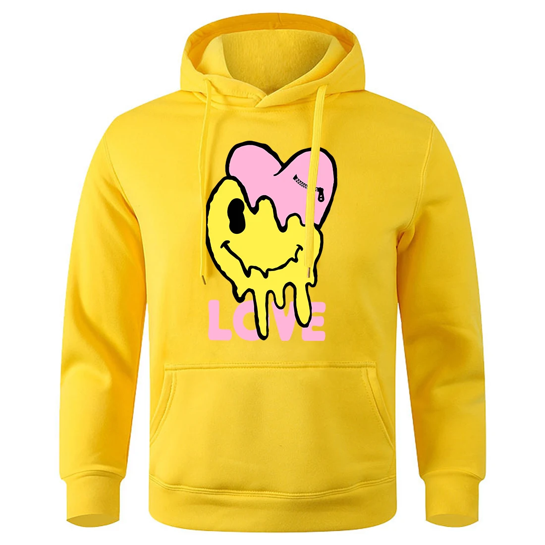 Melting Happy Face And Hurting Heart Print Man Hooded Retro Fashion Hoody Fleece Warm Hoodies Loose O-Neck Oversized Sweatshirt