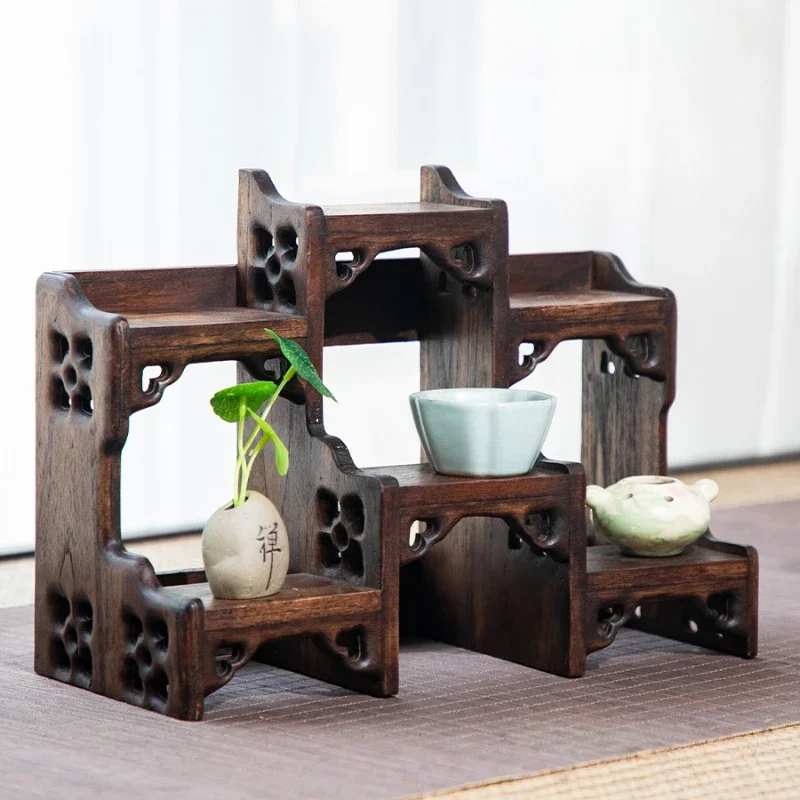 Imagem -02 - Estilo Chinês Mahu Rack Madeira Pequena Argila Roxa Pot Shelf Espessamento Stepped Tea Grupo Cup Display Suportes de Armazenamento Desktop Decor