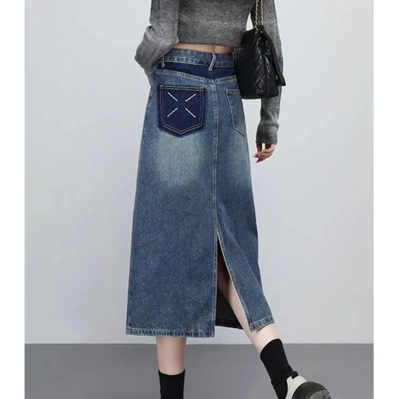 Color Blocked Split Denim Midi Skirt for Women in Mid Summer Long Length Hip Hugging Large Size High Waist Slimming A-line Skirt