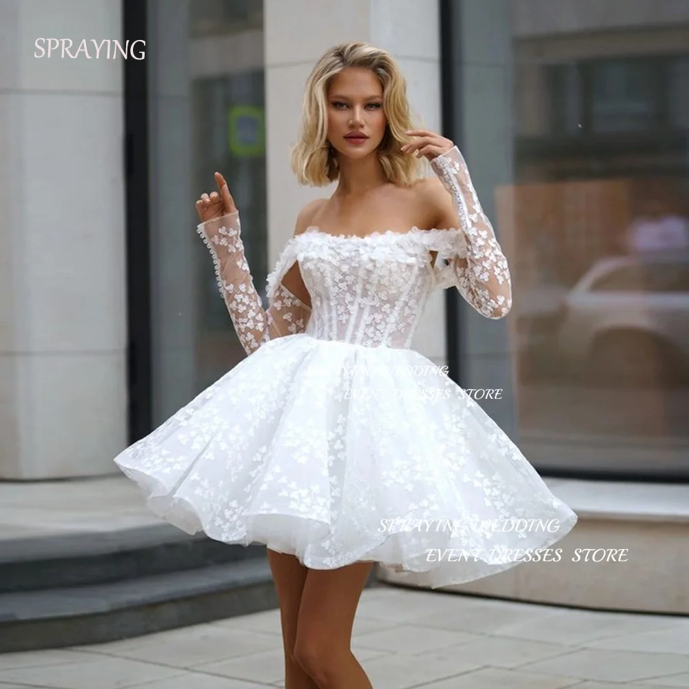 

SPRAYING Lace Wedding Party Dresses 2024 A-line Off the Shoulder Long Sleeves Above Knee Bridal Gown Vestido De Noiva