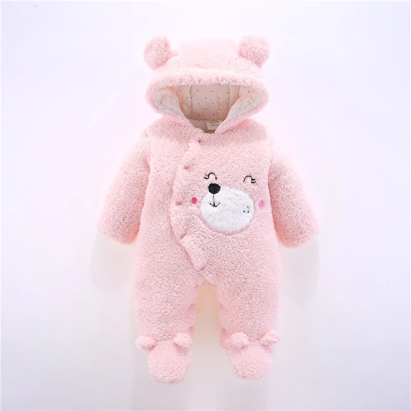 Newborn Baby Infant Bear Embroidery Hooded Footed Romper Soft Sherpa Fleece Thick Warm Winter Jumpsuit Snap Closure Daily Outfit