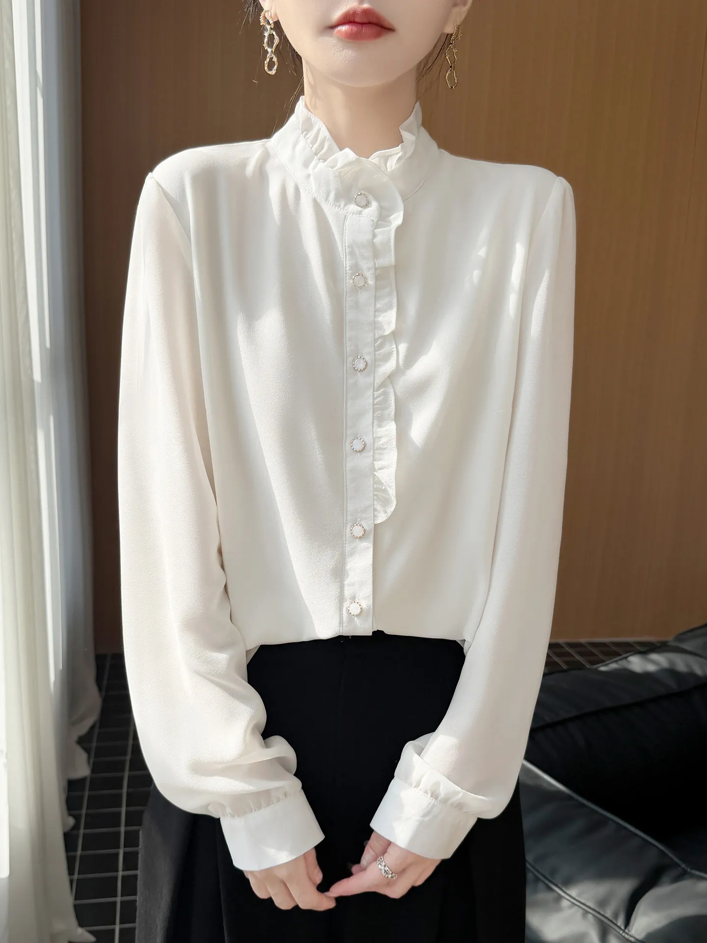 

Women's Long Sleeve Stand Collar Shirt White Tailored Base Layer Slimming Versatile Top Casual Style Knitted Skin-friendly Br...