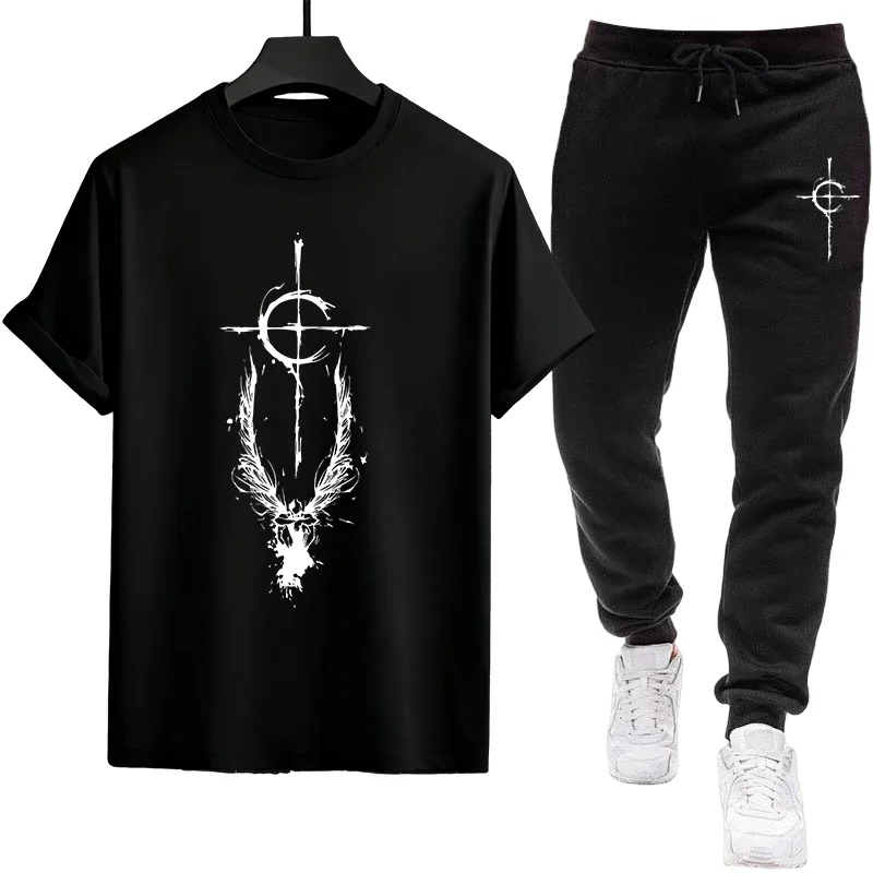 

Urban Casual Fashion Male Tees Suit Spring Summer Comfort Cool Outfits Men's Tracksuit Crew Neck T-shirt and Black Sweatpants