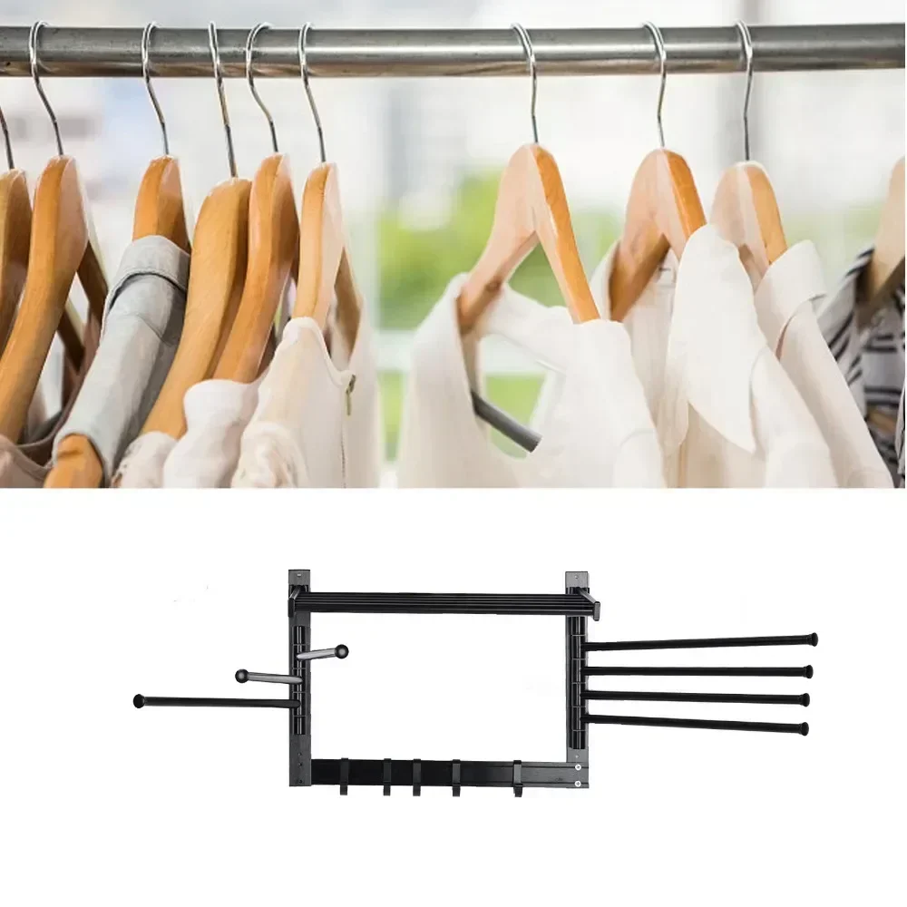 Laundry Clothes Drying Rack Wall Mounted Rotating Towel Rack with Hooks and Swing Arms for BathroomBlack