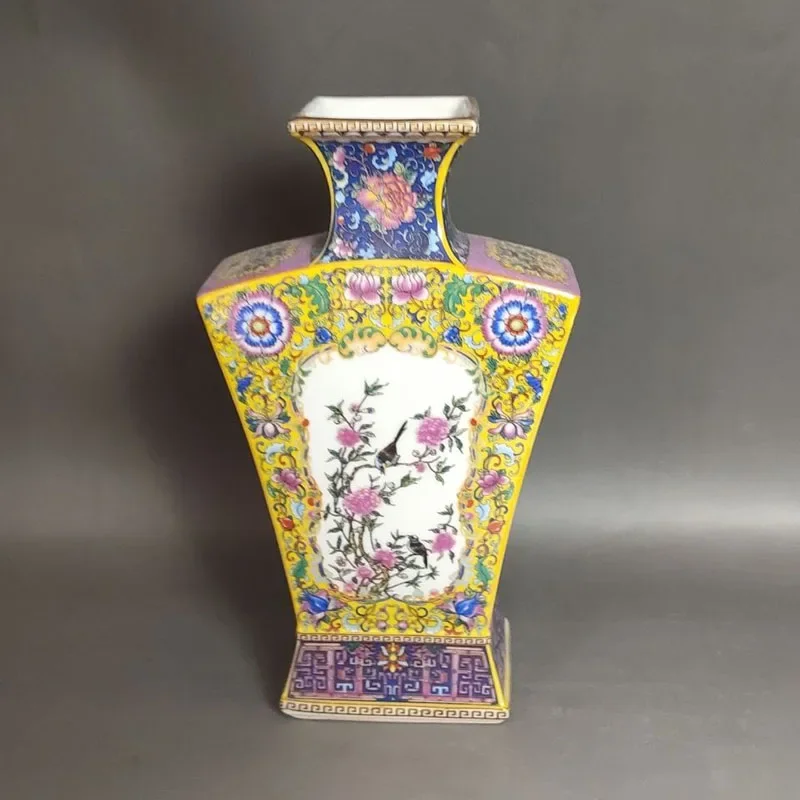 Jingdezhen Enamel Color Flower Bird Fan Shaped Square Vase Ceramic Crafts Antique Porcelain Collection Home Furnishing Ornaments