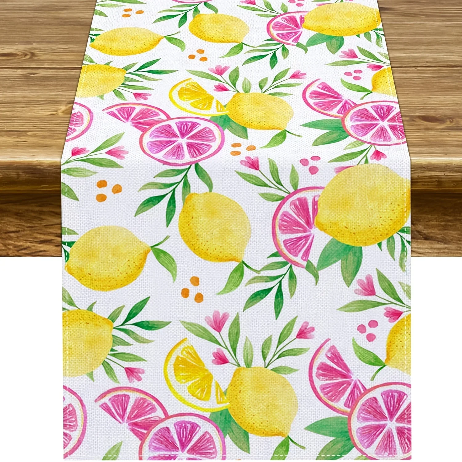 1Pc Lemon Citrus Fruit Pattern Table Runner White Yellow Pink Floral Print Table Cover For Kitchen Dining Party Decoration Table