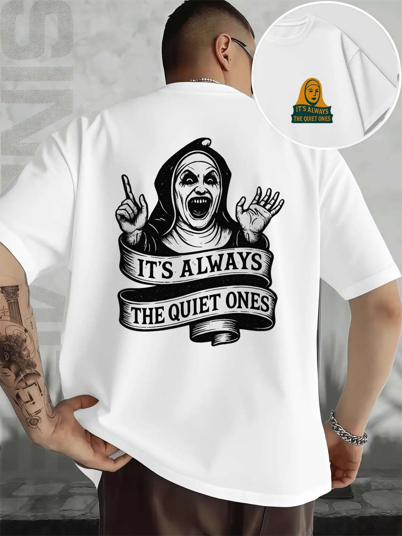 

Nun Graphic Tee Spooky Horror Men's Double-Sided printed Fashionable Casual Crew Neck 220gsm Pure Cotton T-Shirt