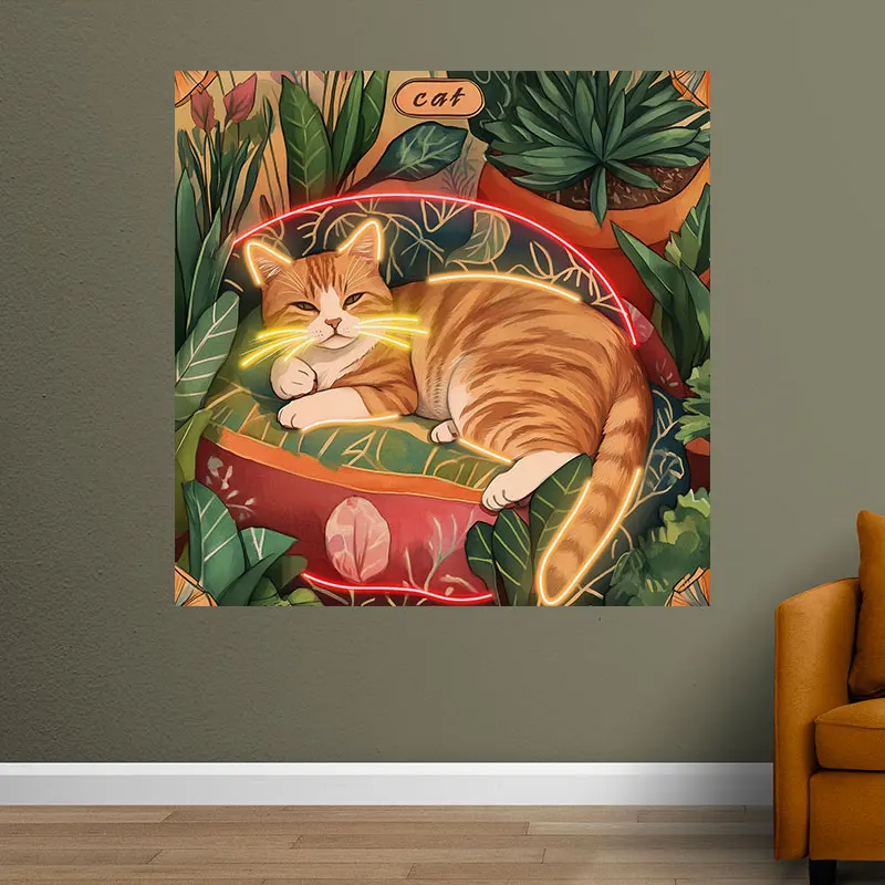 Cat in Tropical Plants Neon Art, Cute & Relaxing Wall Decor for Home, Office & Garden, Perfect Gift for Cat Lovers & Nature Fans