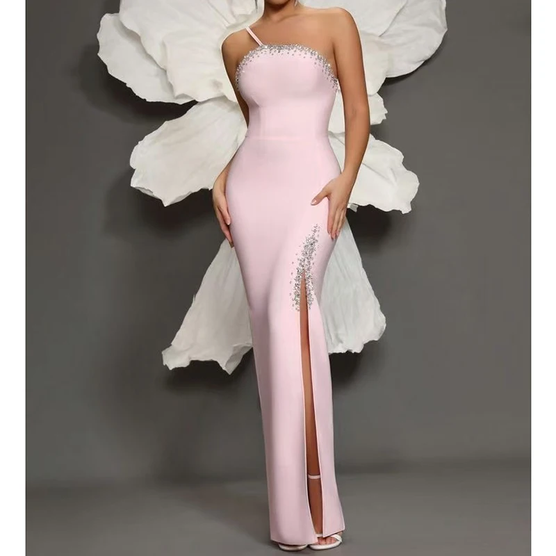 Vestidos de Noche formales de cristal rosa, vestidos sin mangas con abertura lateral hasta el suelo sin tirantes de lujo, vestido de graduación personalizado para mujer