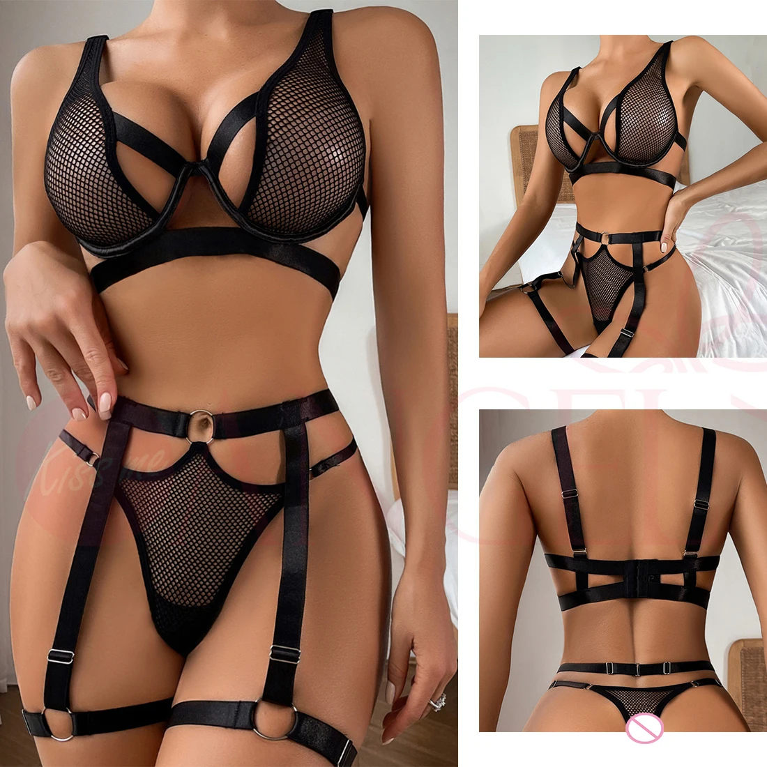 

KISS ME ANGEL Lingerie Sexy Women Backless Criss Cross Hollow Out Sex Erotic See Through Garter Belt Underwear Set Sexy Teddy