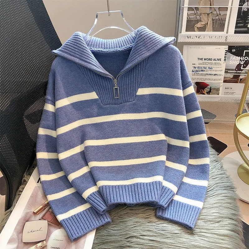 Fashion Zipper Stripe Knitted Sweaters Women Autumn Winter Korean Style Lapel Loose Pullover Knitwear Casual Versatile Tops