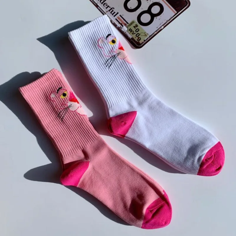 Panthère rose femmes coton chaussettes mignon respirant Harajuku chaussettes japonais coréen dessin animé broderie fille bas décontractés cadeaux