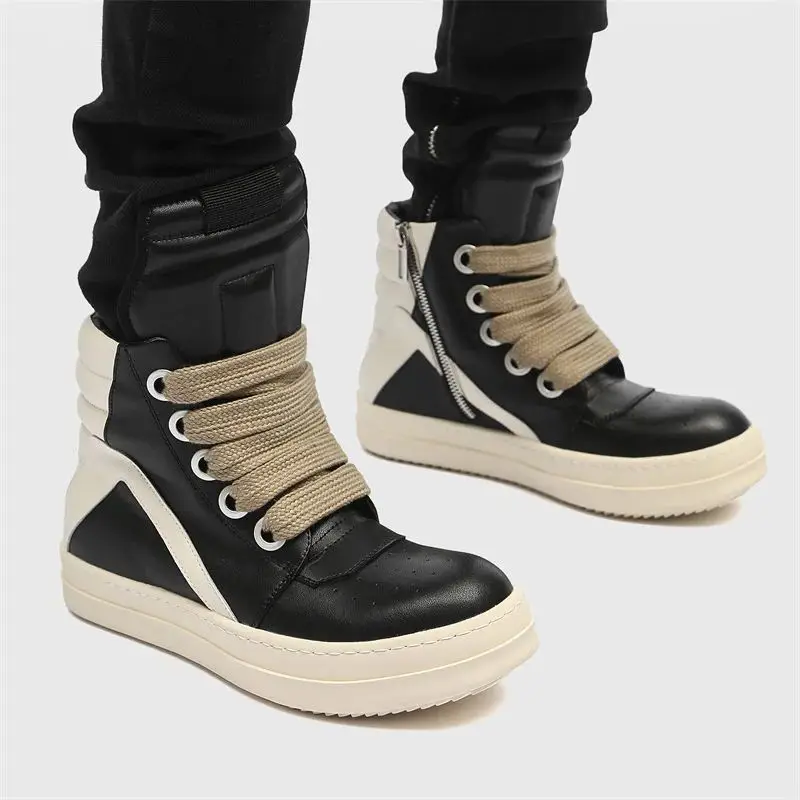 Men High Top Shoes Casual Platform Sneakers Leather Jumbo Lace Up Zip Luxury Trainers Autumn Black Boots