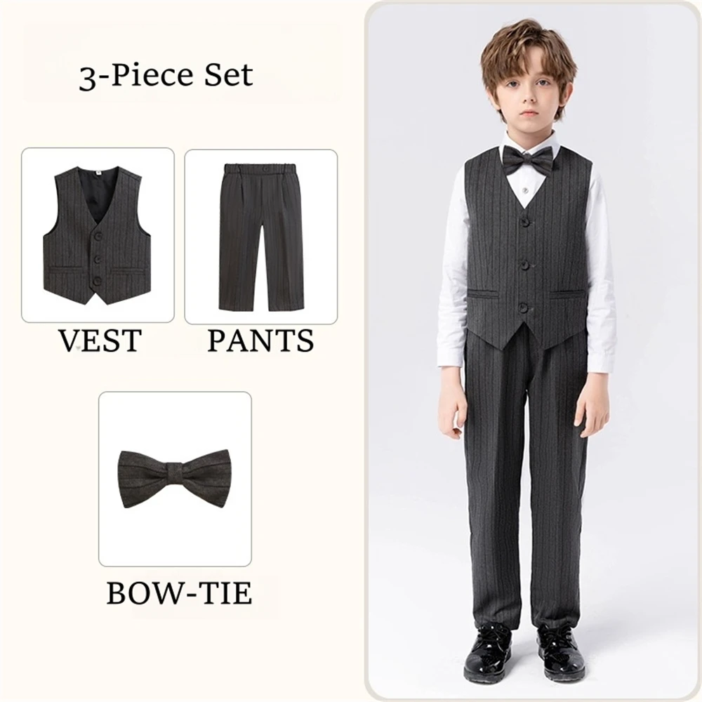Txjojn Kids 3-Piece Vest Pant Set, Strape Solid Boy's Formal Wedding Guest Tuxedo Vestcoat Trousers with Matching Bow-tie